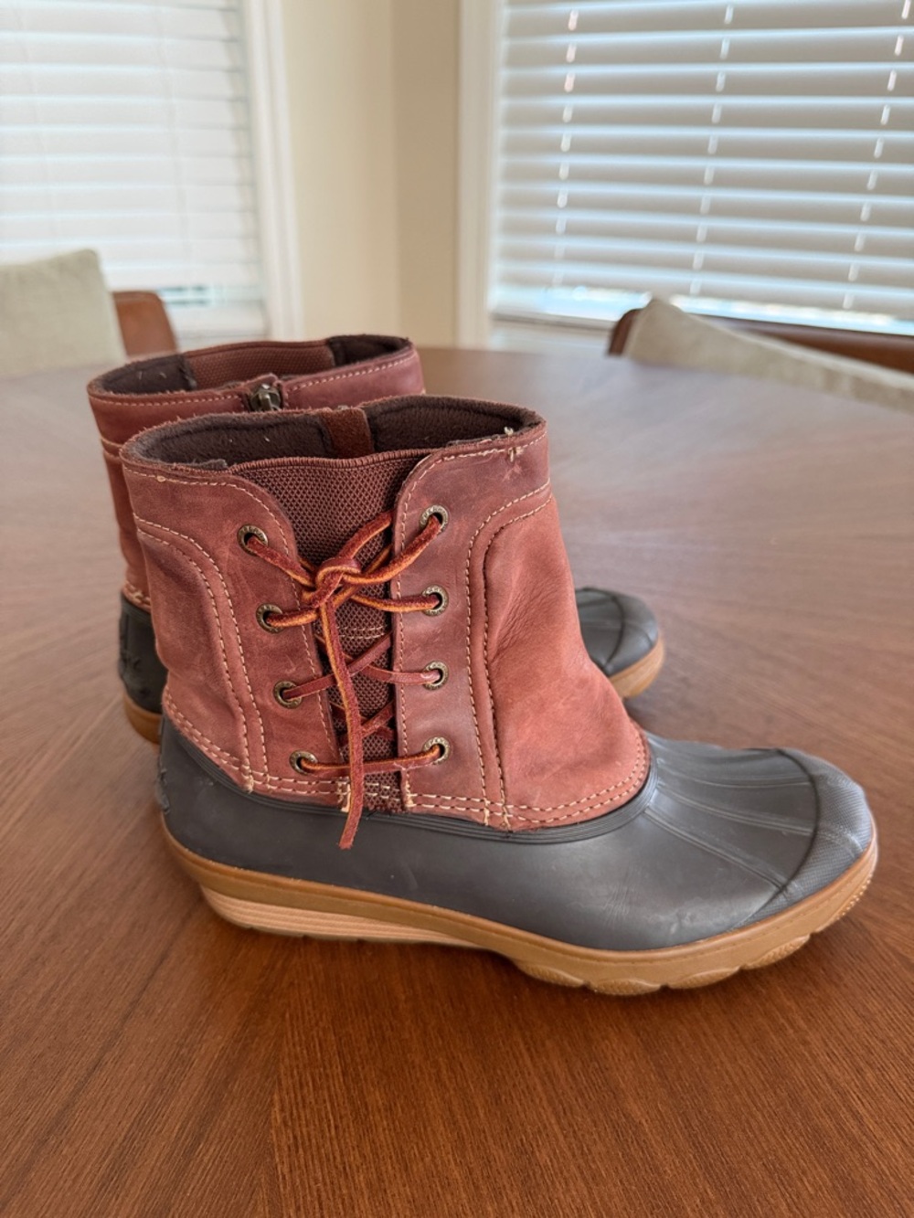 Sperry Brown Leather Upper and Black Rubber Duck Boots